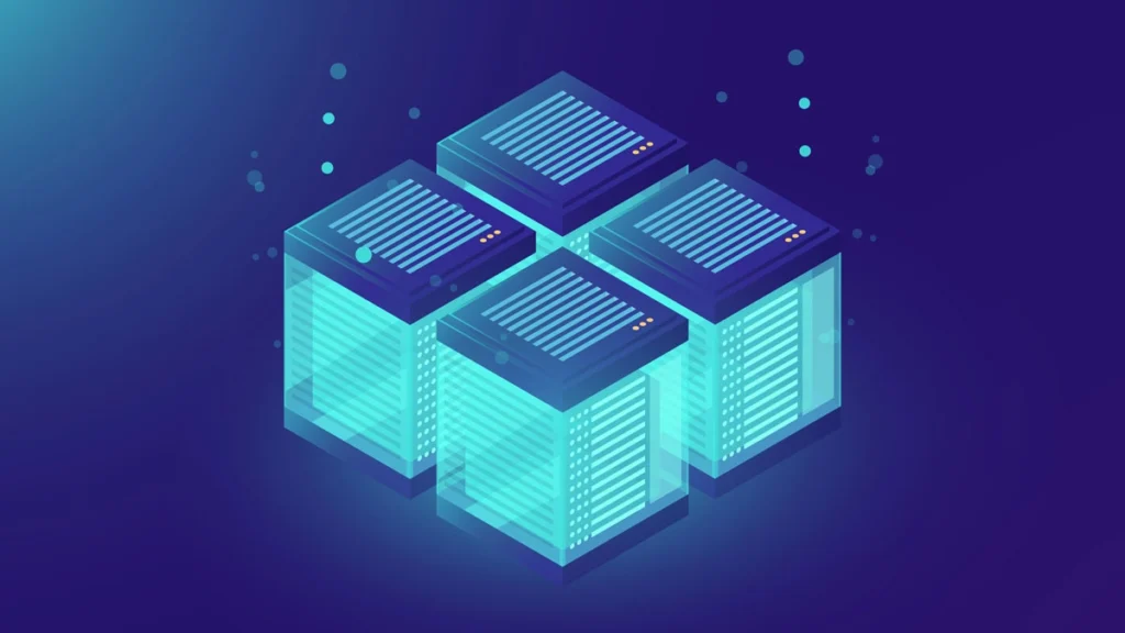 An artistic representation of a building in blue and purple, showcasing three cube structures.