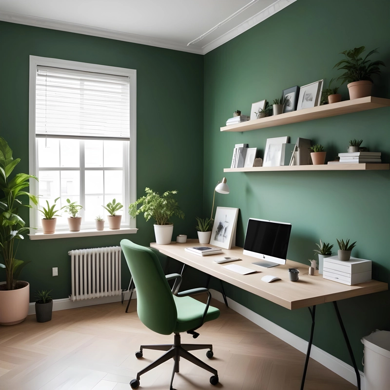 A personal home office space in green motif
