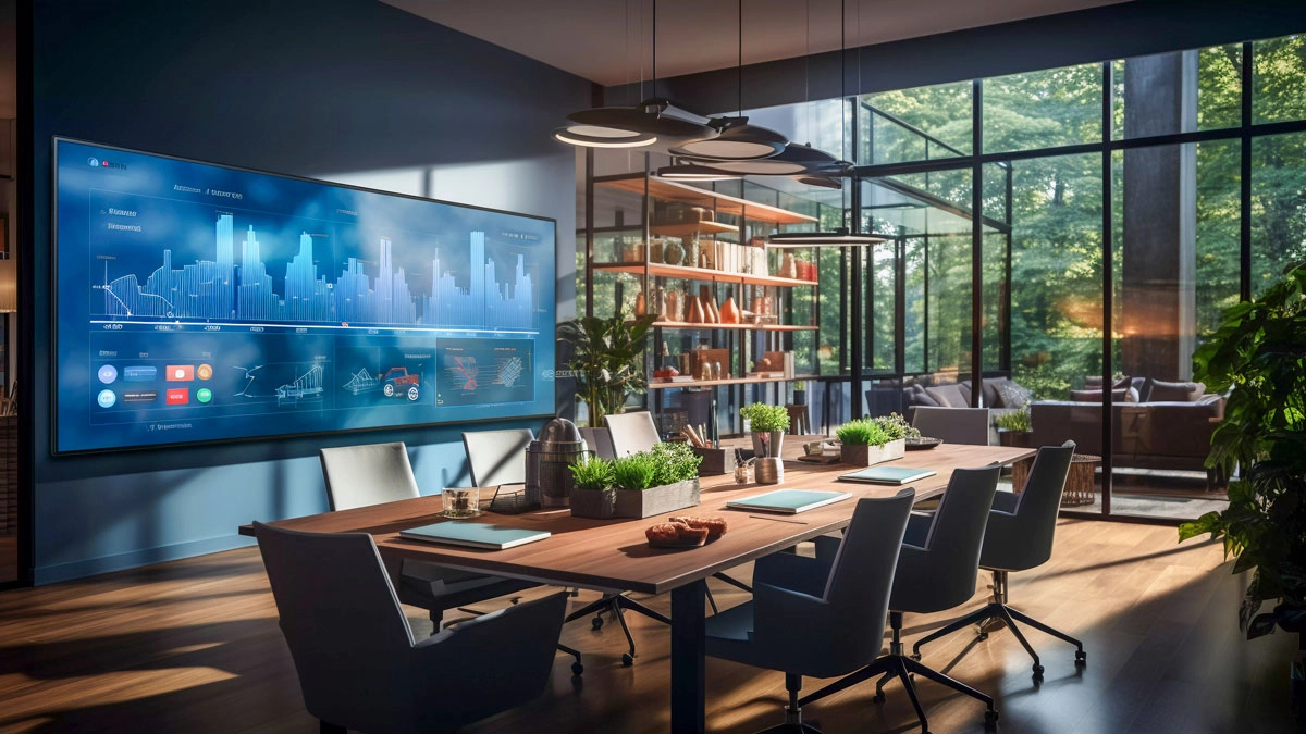 A modern conference room featuring a large screen and sleek furniture, designed for professional meetings.