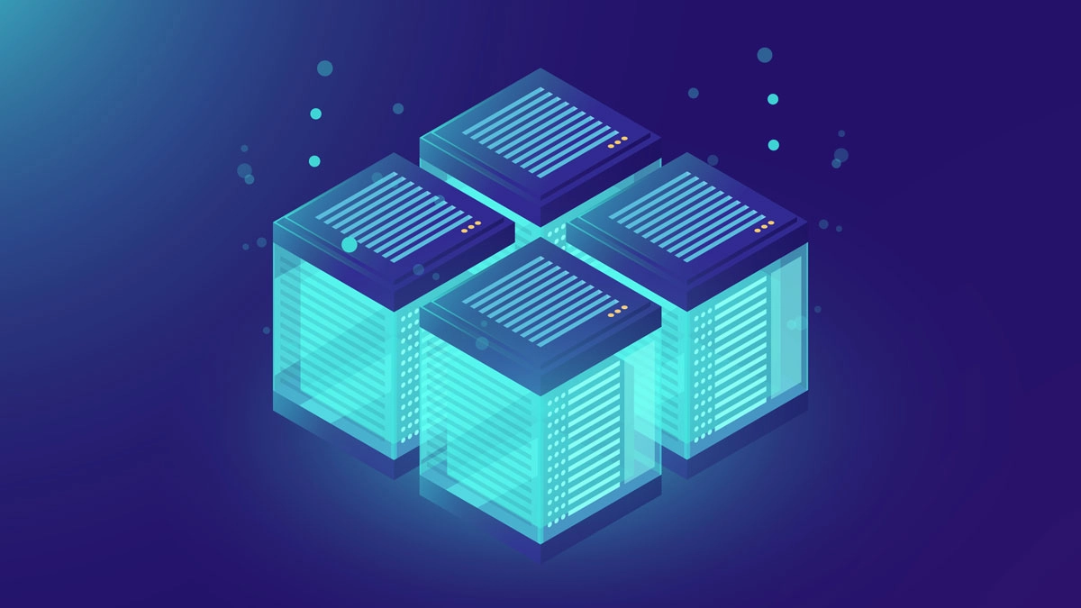 An artistic representation of a building in blue and purple, showcasing three cube structures.